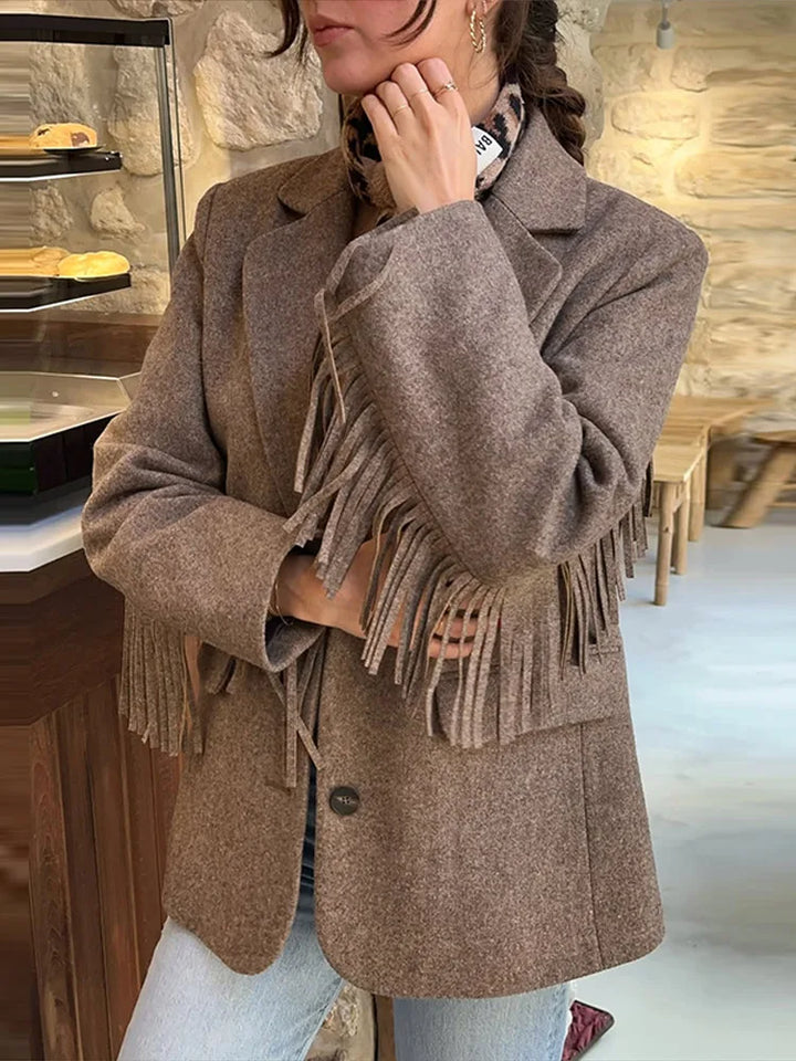 Autumn Bomber Coat – Stylish Woolen Blazer with Tassels