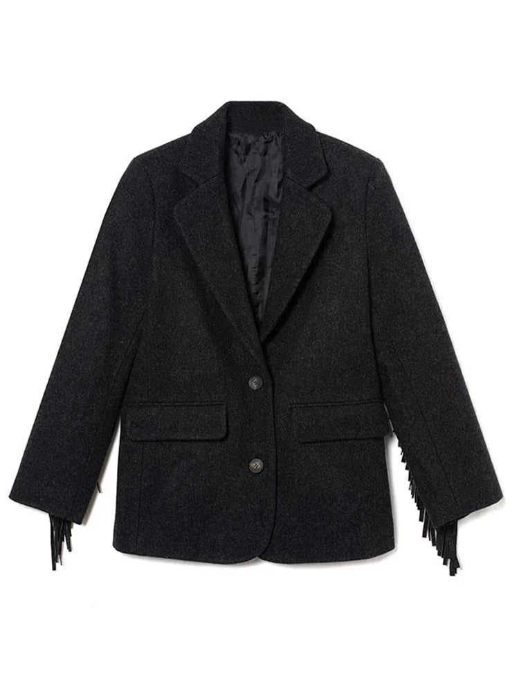 Autumn Bomber Coat – Stylish Woolen Blazer with Tassels