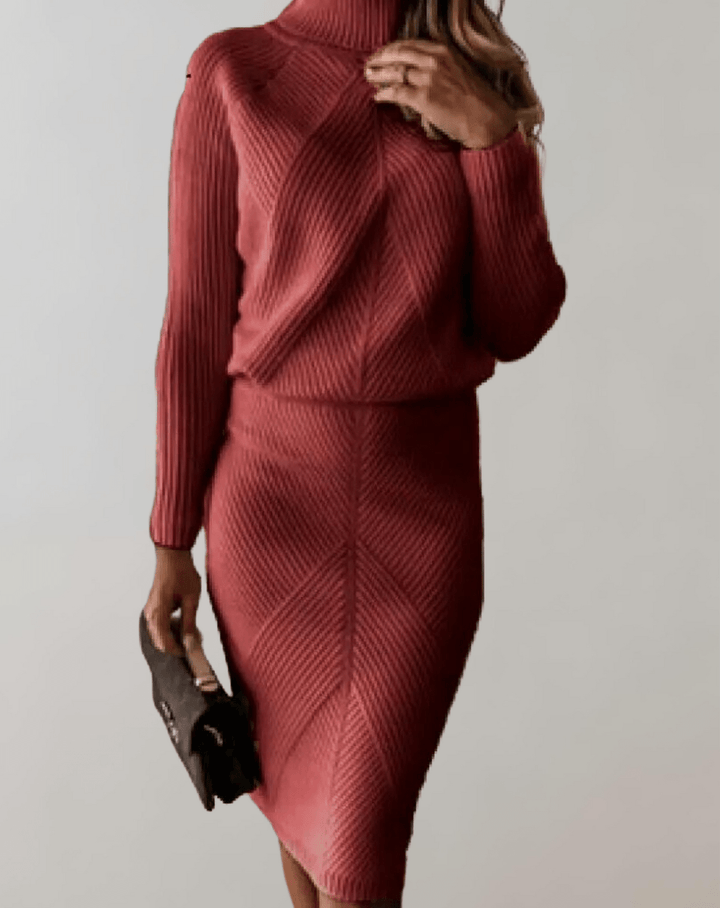 Two-Piece Knit Set With Turtleneck Sweater And Slim Skirt