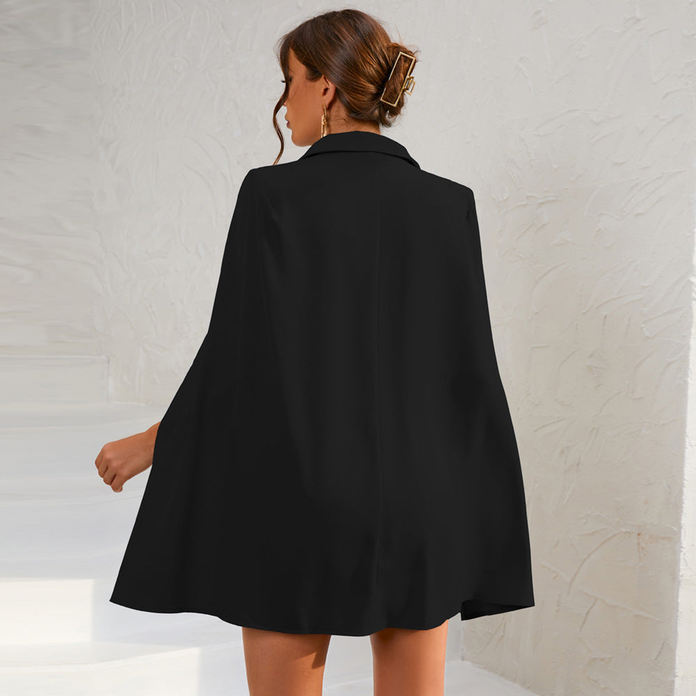 Belted Cape Mini Dress with Gold Buttons – Tailored Blazer-Style Dress