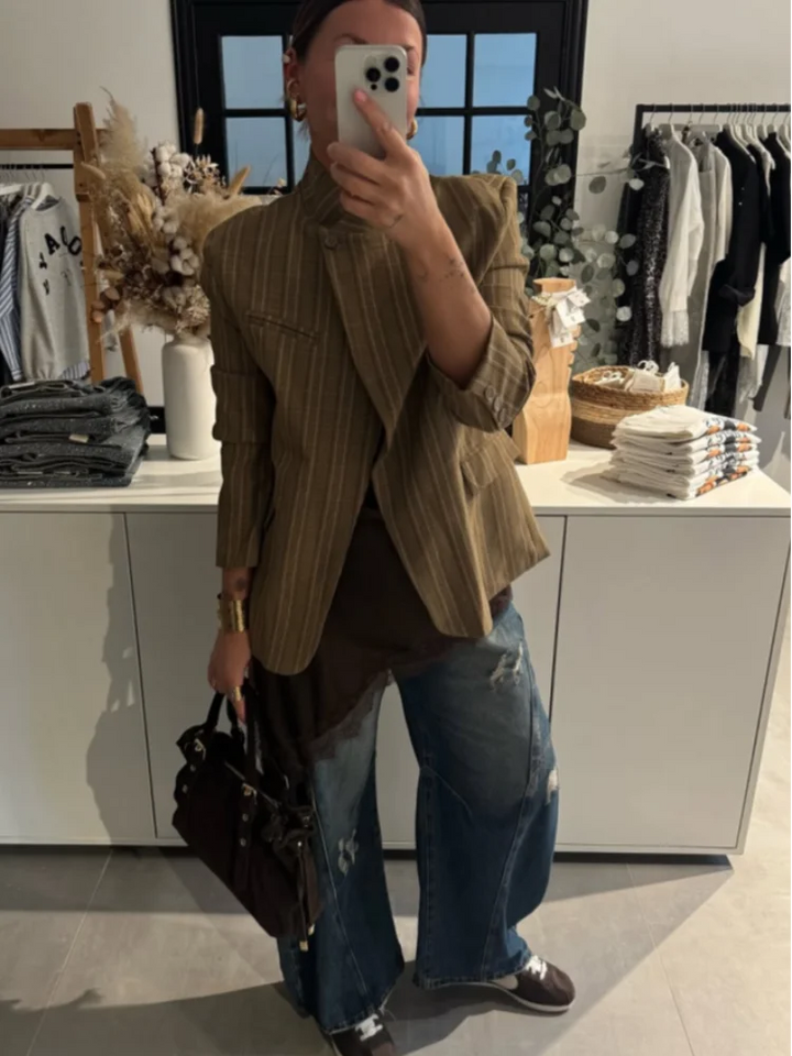 Casual Striped Blazer – Stylish Loose Fit with Pockets