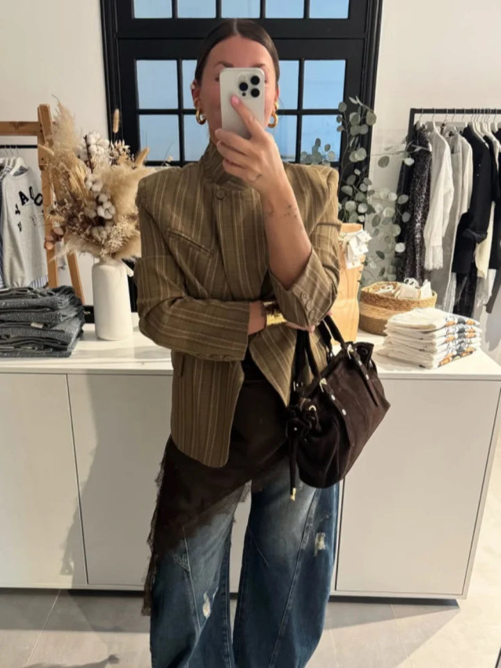 Casual Striped Blazer – Stylish Loose Fit with Pockets