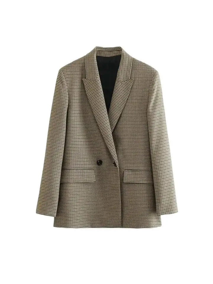 Chic Plaid Blazer Jacket – Vintage Double Breasted Design for Versatile Layering