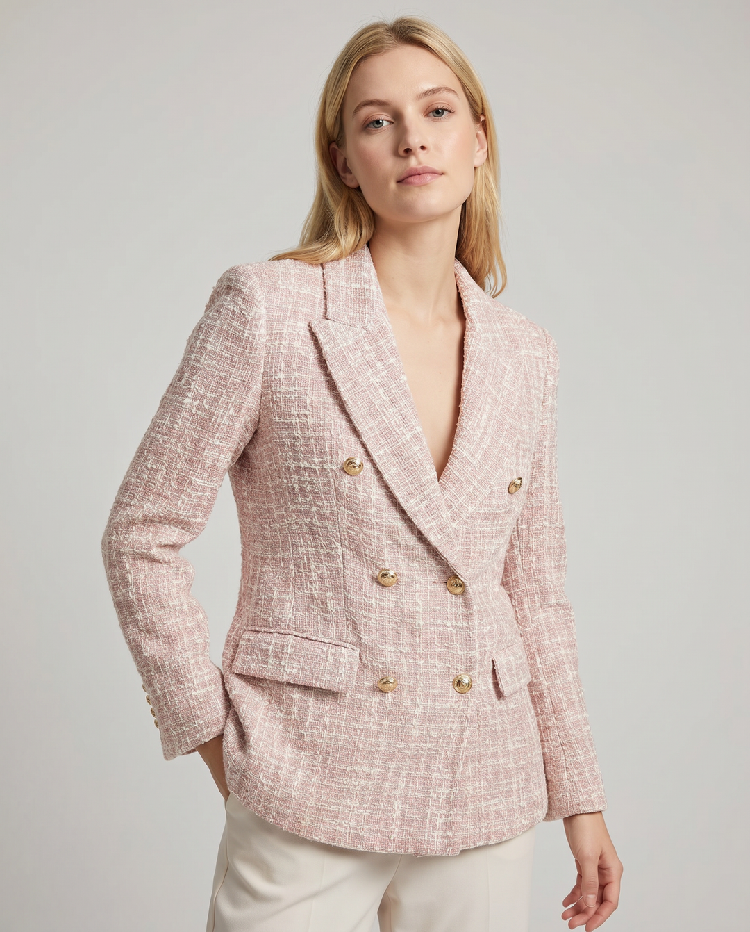 Pink Tweed Blazer with Gold Buttons – Classic Double-Breasted Jacket
