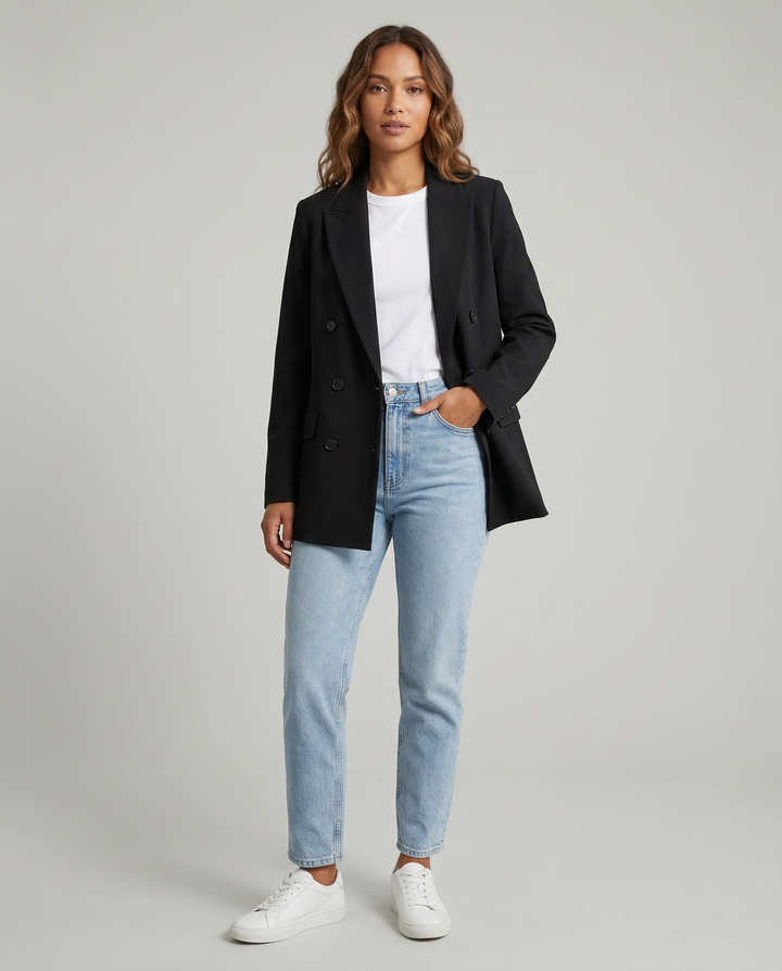 Women’s Classic Tailored Black Blazer – Elegant Double-Breasted Casual Chic Jacket