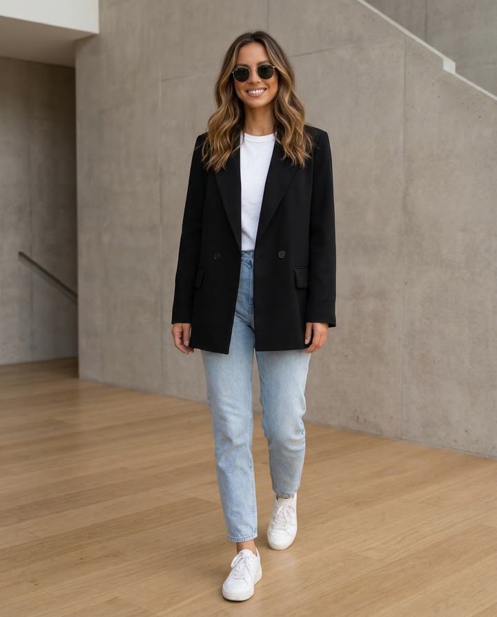 Women’s Classic Tailored Black Blazer – Elegant Double-Breasted Casual Chic Jacket