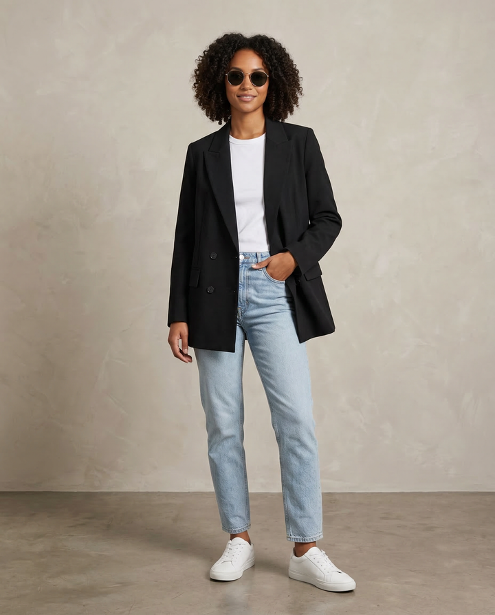 Women’s Classic Tailored Black Blazer – Elegant Double-Breasted Casual Chic Jacket