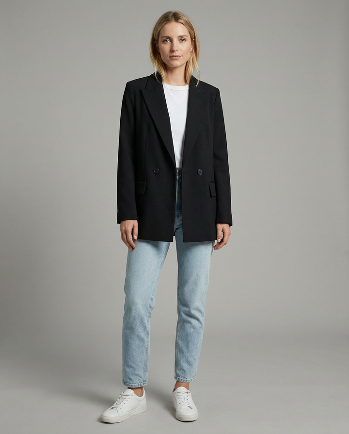 Women’s Classic Tailored Black Blazer – Elegant Double-Breasted Casual Chic Jacket