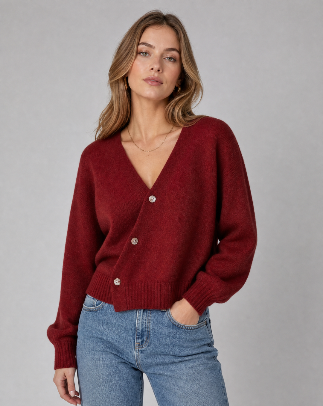 Cross Button V-Neck Wool Blend Sweater for Women