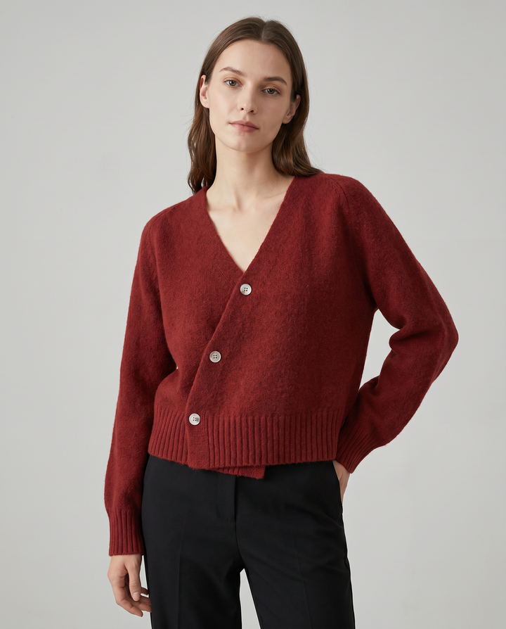 Cross Button V-Neck Wool Blend Sweater for Women