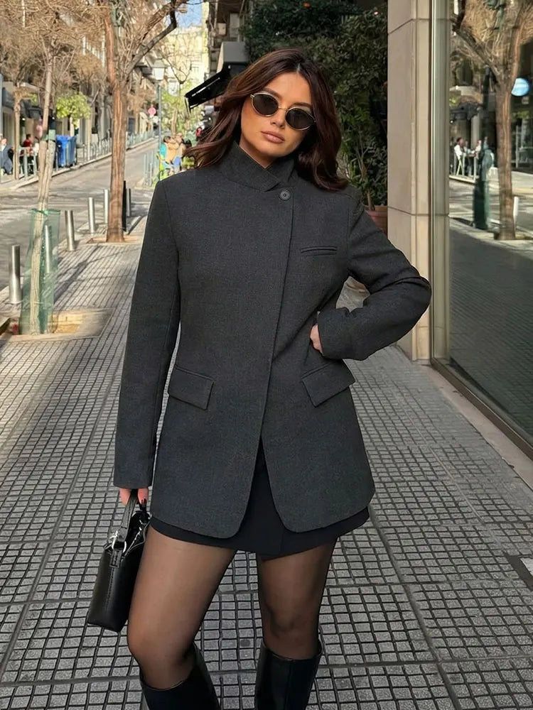 Plaid Blazer – Stylish Single Button Long Sleeve Jacket
