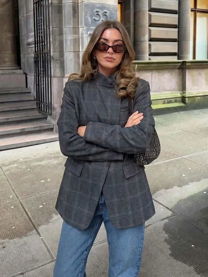Plaid Blazer – Stylish Single Button Long Sleeve Jacket