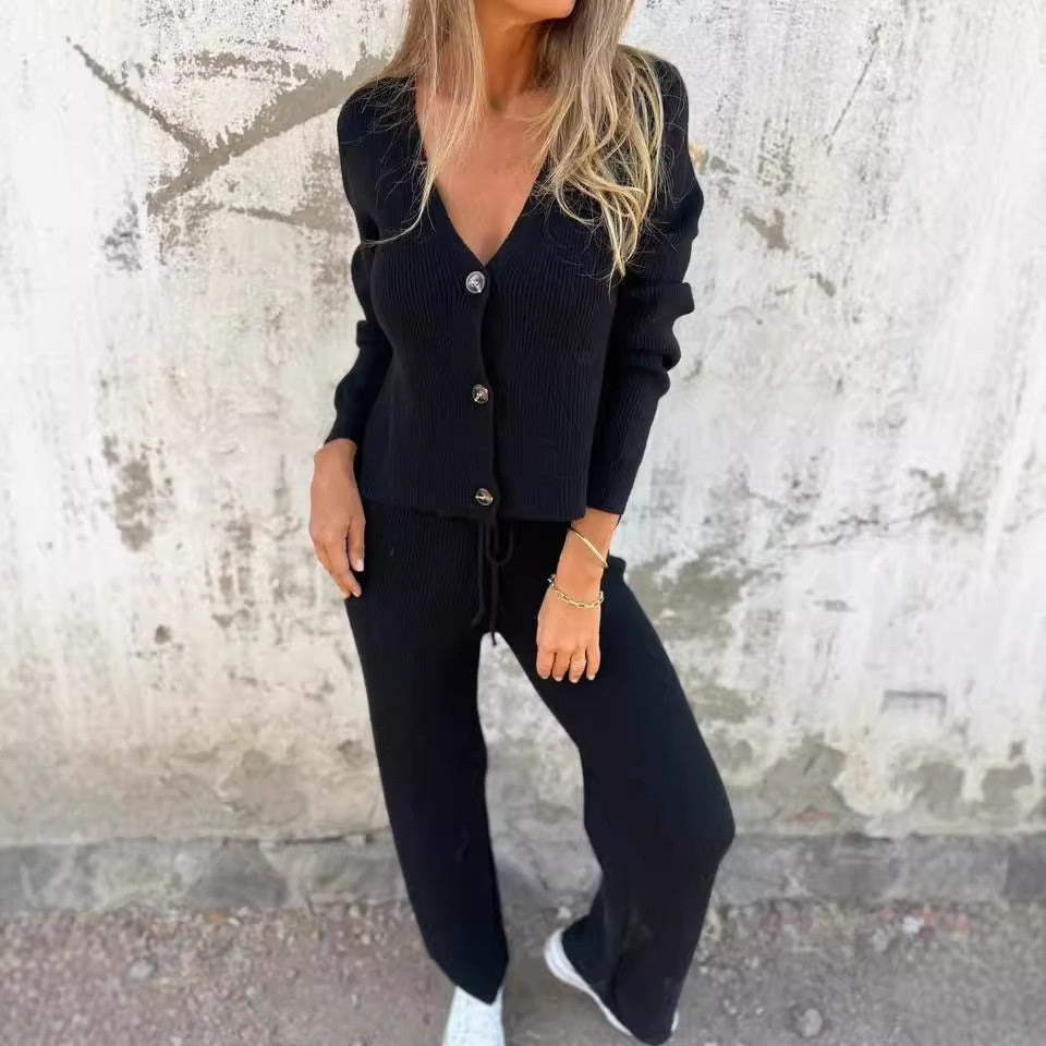 Women's Knit Cardigan and Wide Leg Trouser Two-Piece Set
