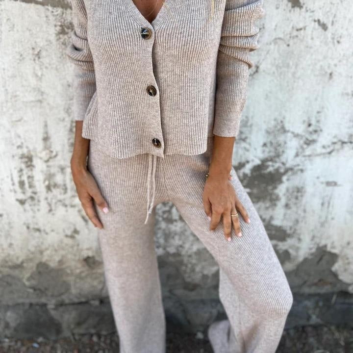 Women's Knit Cardigan and Wide Leg Trouser Two-Piece Set