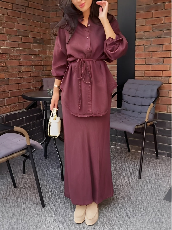Women's Long Sleeve Tie-Front Shirt and Skirt Two-Piece Set