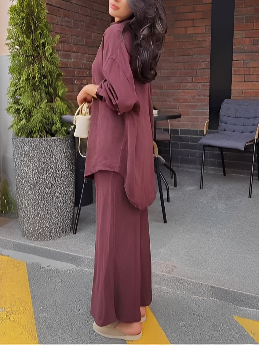 Women's Long Sleeve Tie-Front Shirt and Skirt Two-Piece Set