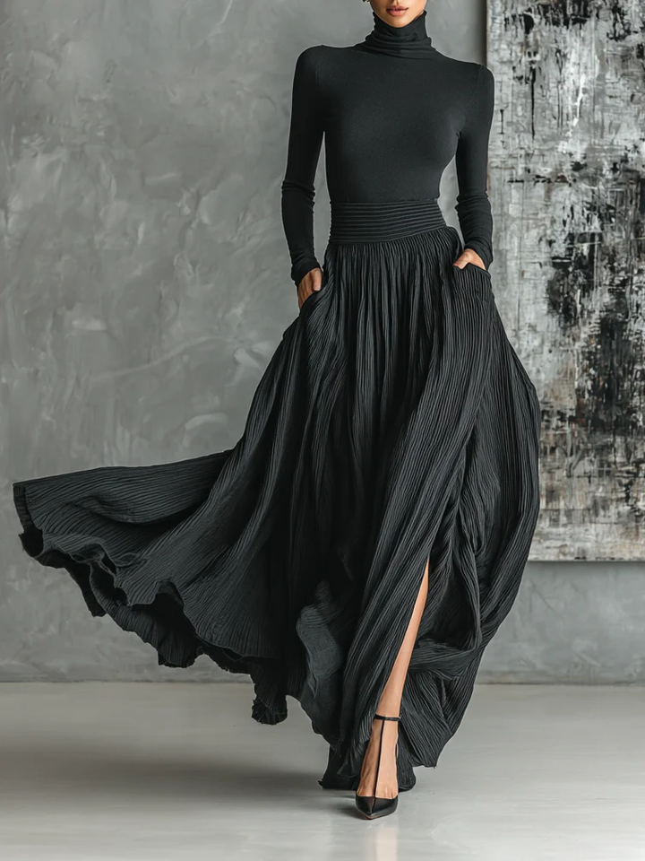 Women's Black Turtleneck Top and Pleated Midi Skirt Two-Piece Set