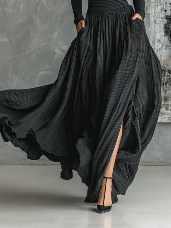 Women's Black Turtleneck Top and Pleated Midi Skirt Two-Piece Set