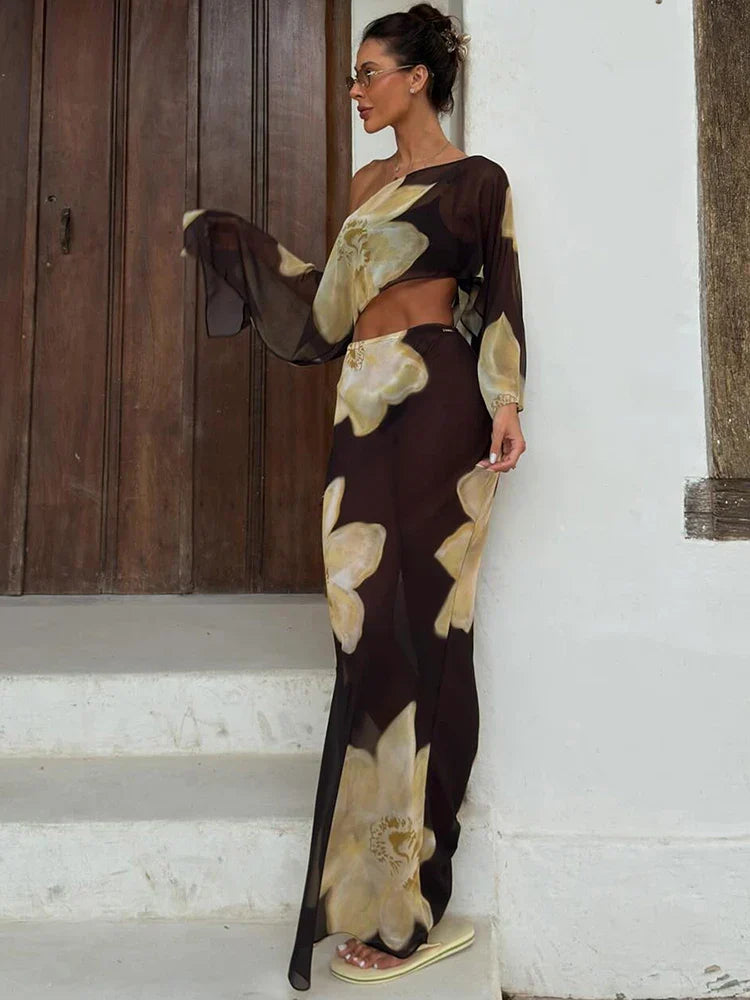 Printed One Shoulder Two Piece Set with Flowy Sleeve Detail