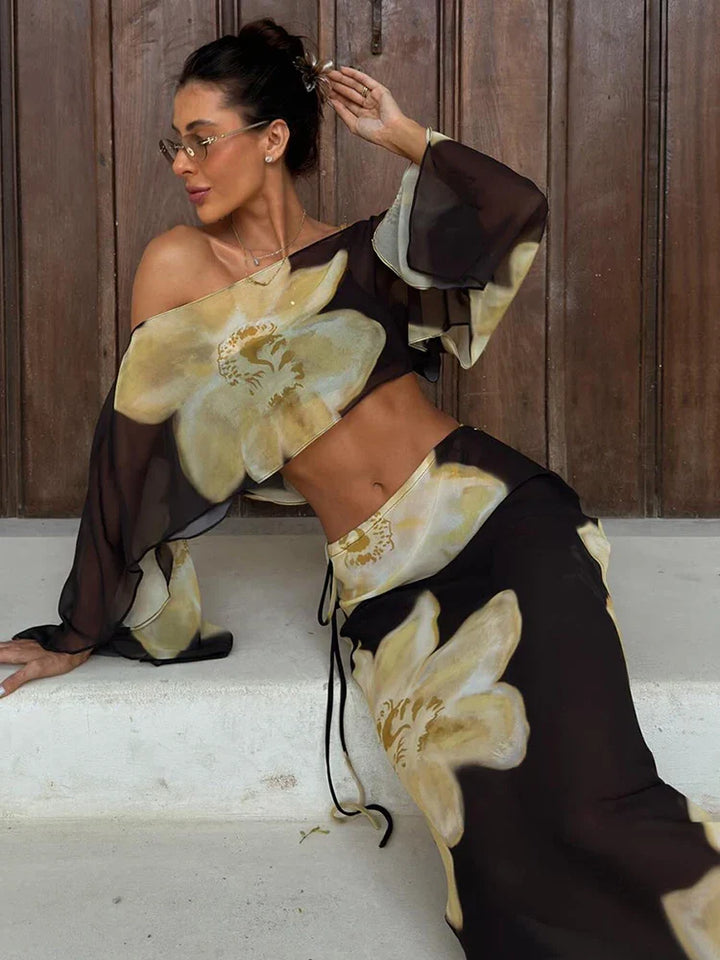 Printed One Shoulder Two Piece Set with Flowy Sleeve Detail