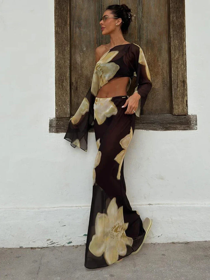 Printed One Shoulder Two Piece Set with Flowy Sleeve Detail