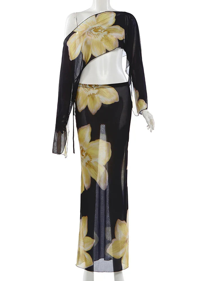 Printed One Shoulder Two Piece Set with Flowy Sleeve Detail