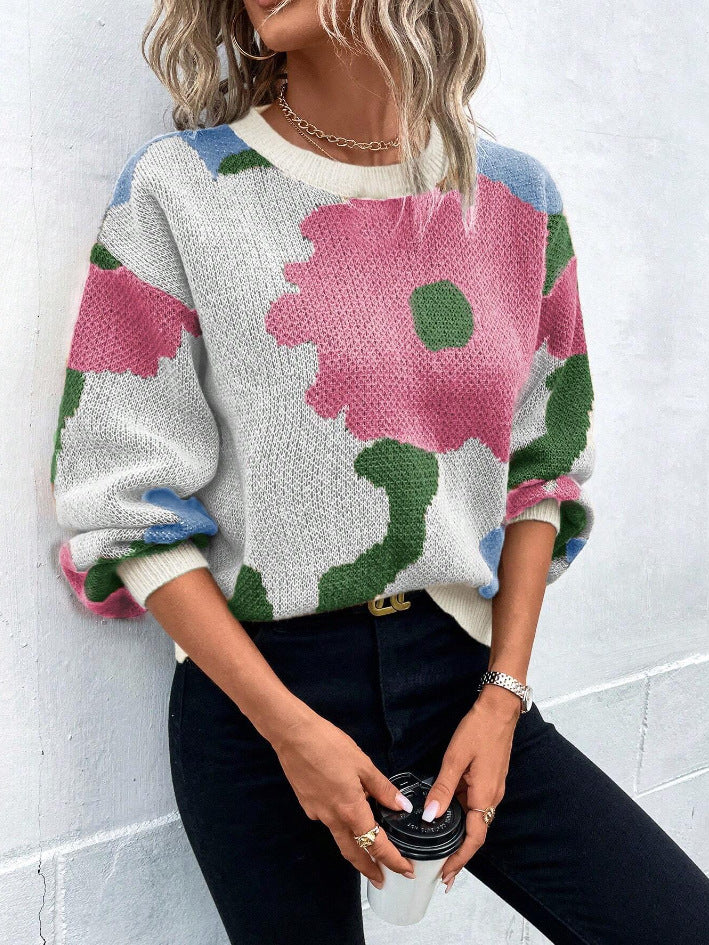 Floral Print Pullover Sweater for Women — Charming Knit