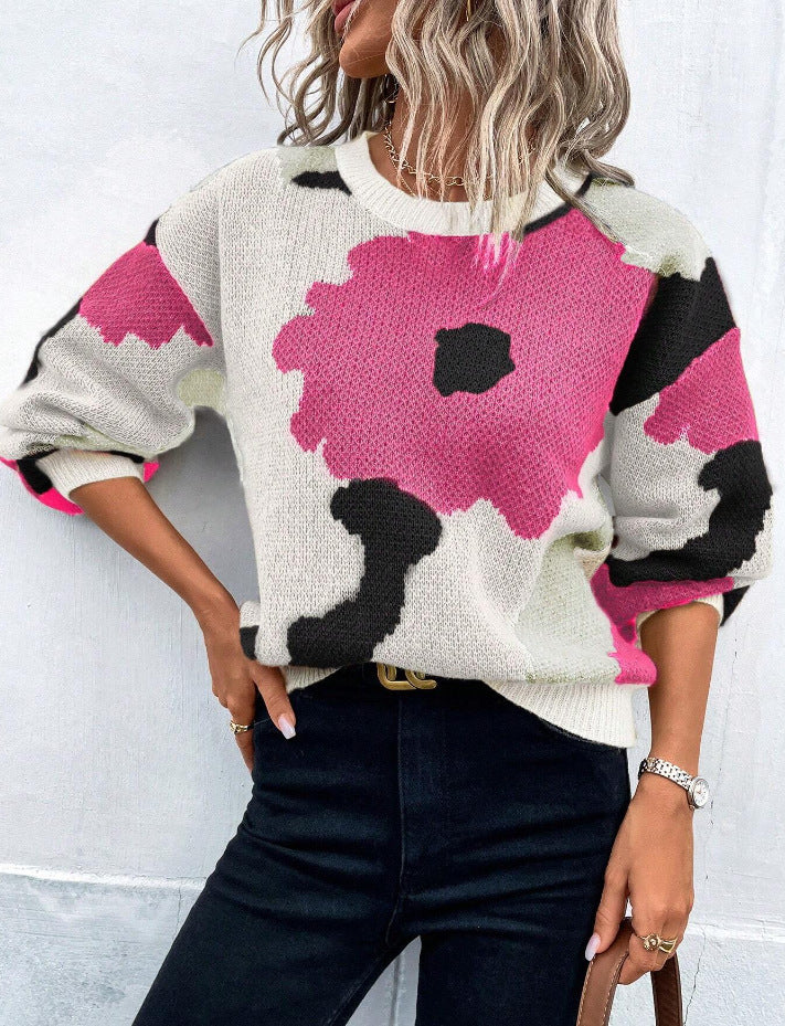 Floral Print Pullover Sweater for Women — Charming Knit