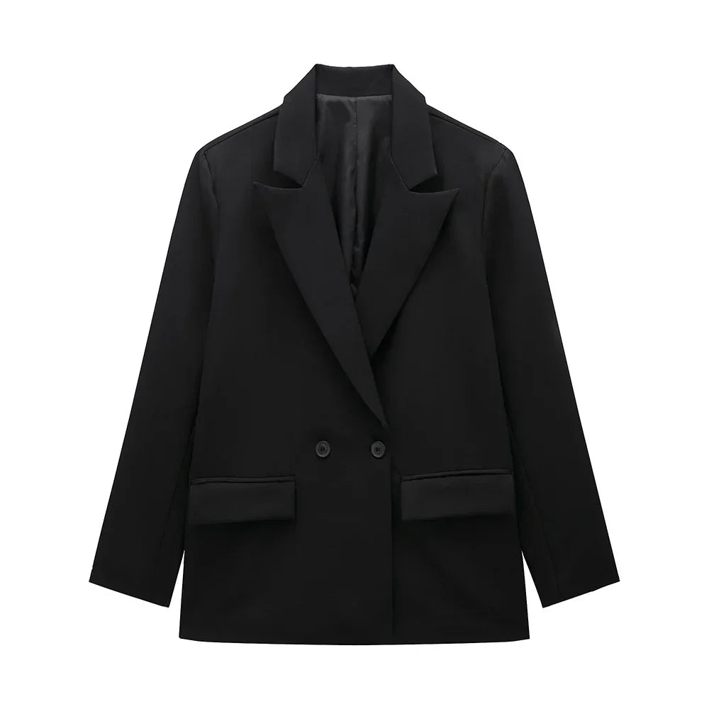 Women’s Classic Tailored Black Blazer – Elegant Double-Breasted Casual Chic Jacket