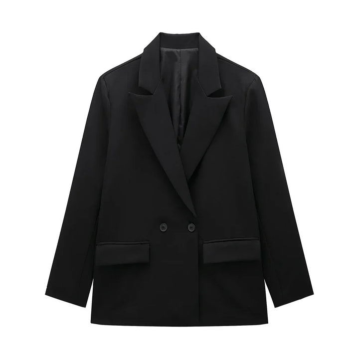 Women’s Classic Tailored Black Blazer – Elegant Double-Breasted Casual Chic Jacket