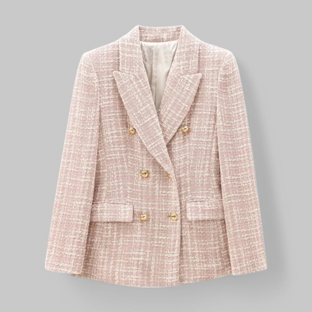 Pink Tweed Blazer with Gold Buttons – Classic Double-Breasted Jacket