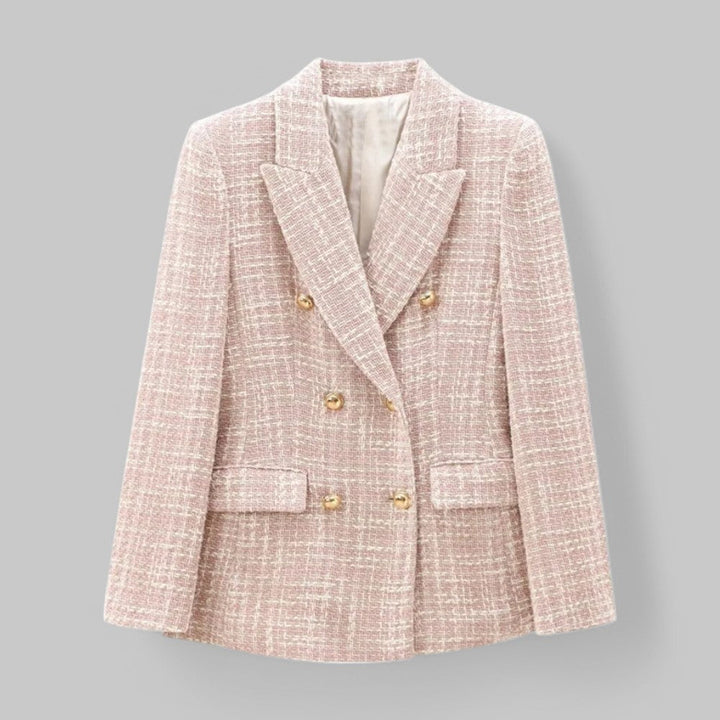 Pink Tweed Blazer with Gold Buttons – Classic Double-Breasted Jacket