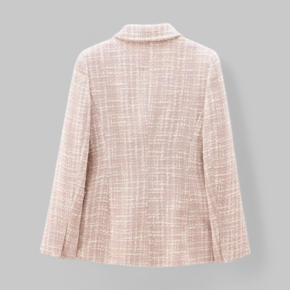 Pink Tweed Blazer with Gold Buttons – Classic Double-Breasted Jacket