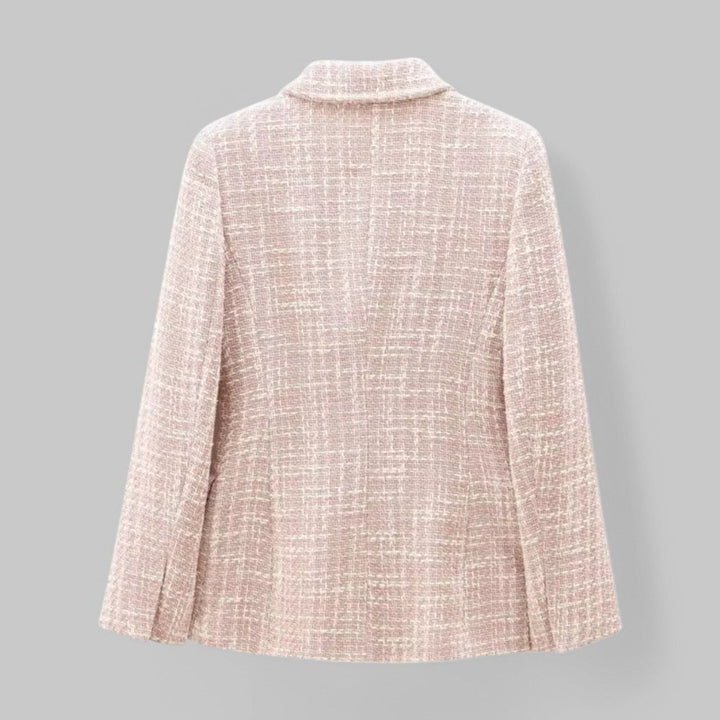 Pink Tweed Blazer with Gold Buttons – Classic Double-Breasted Jacket