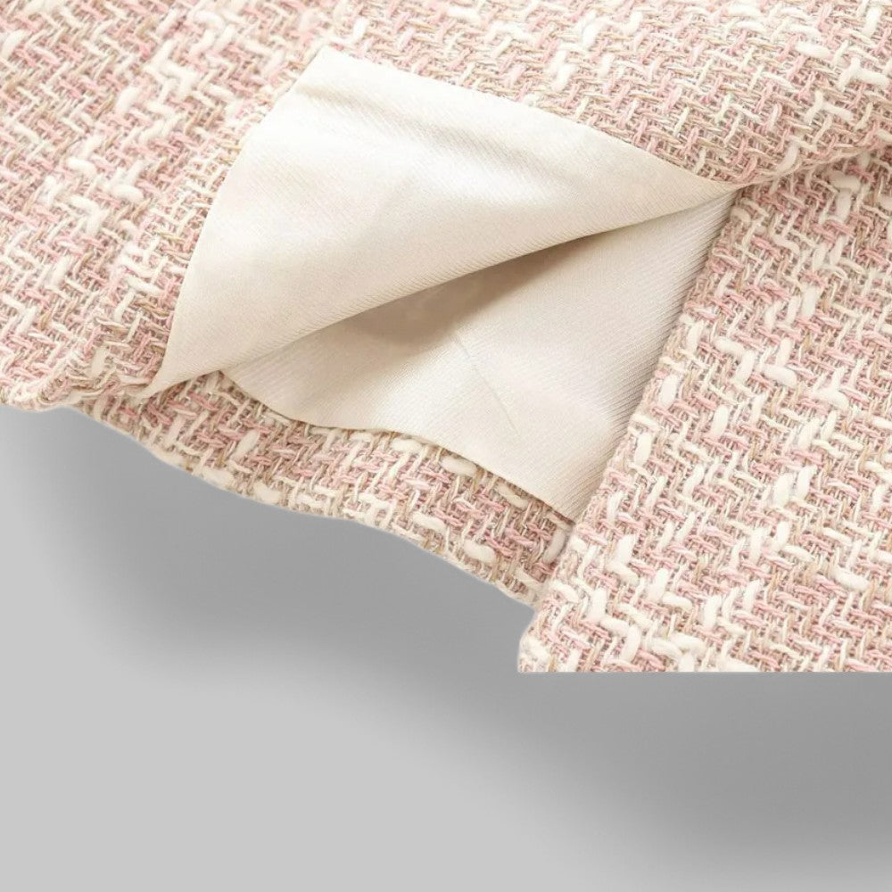 Pink Tweed Blazer with Gold Buttons – Classic Double-Breasted Jacket