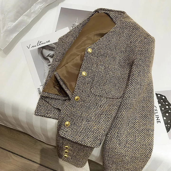 Cropped Boxy Blazer – Tweed Jacket with Gold Buttons