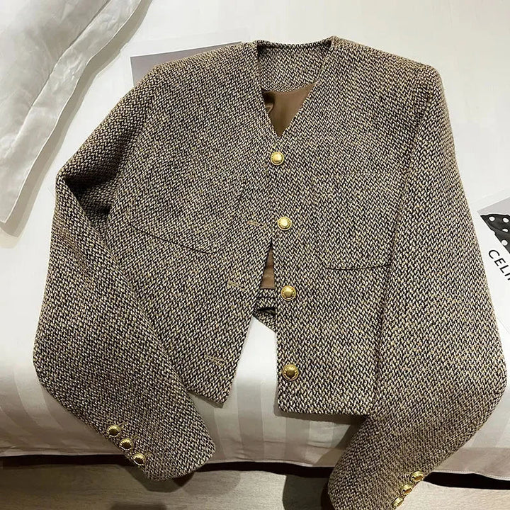 Cropped Boxy Blazer – Tweed Jacket with Gold Buttons